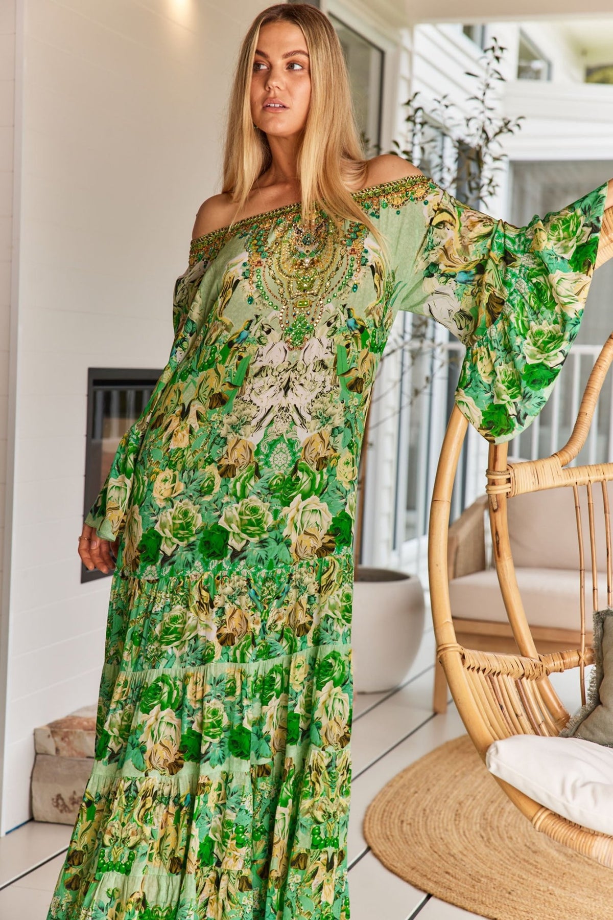 green off the shoulder maxi dress